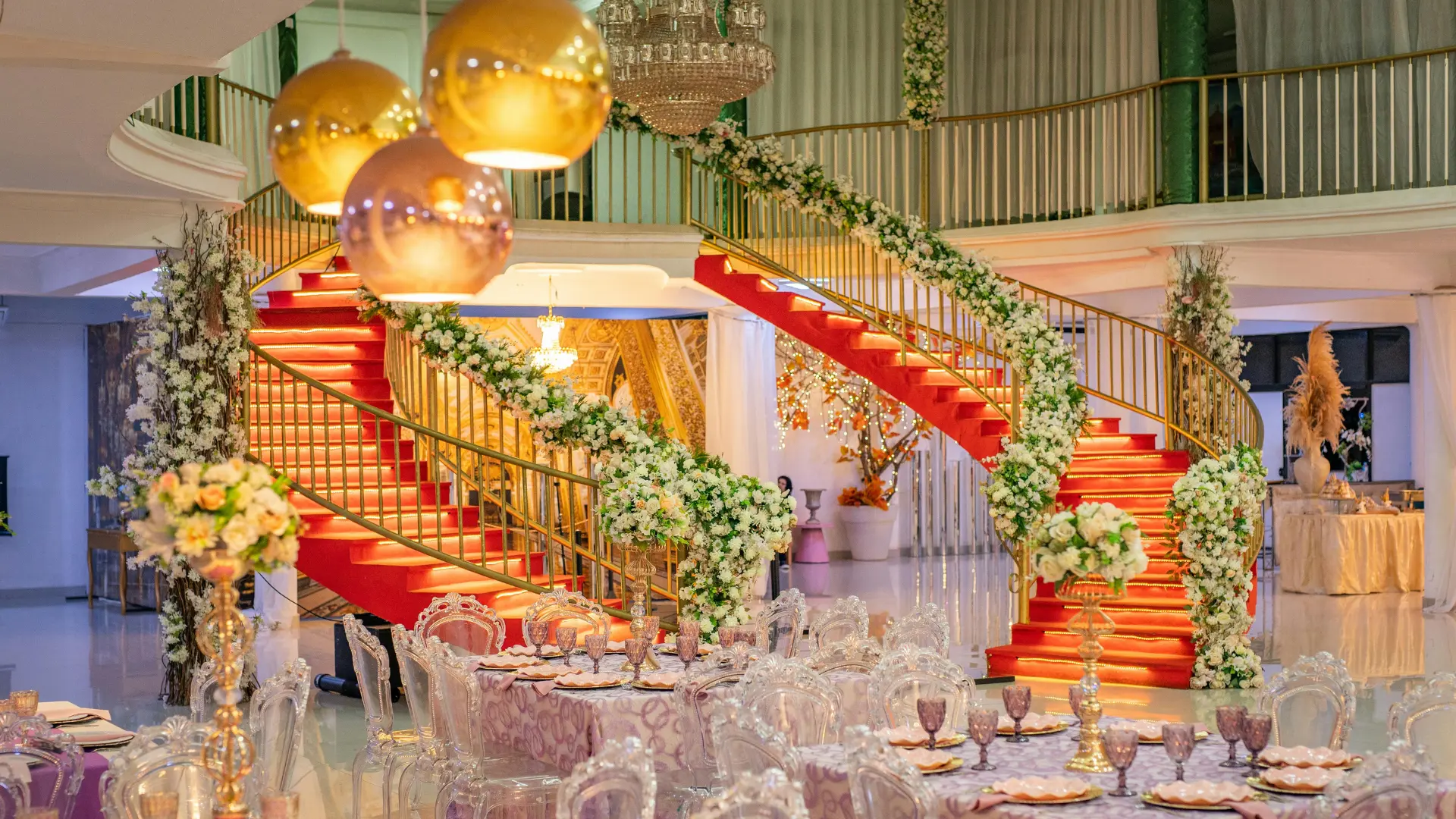 Elegant illuminated banquet palace entrance for a private venue visit